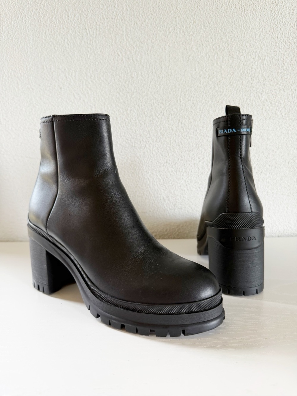 Prada Black Leather Logo Lug Sole Ankle Boots EU 37.5